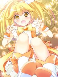  blonde_hair blush boots bow choker cocoa_(cafe-hotcocoa) commentary_request cure_peace double_v female hair_flaps highres magical_girl open_mouth orange_choker photoshop_(medium) ponytail precure shorts shorts_under_skirt skirt smile_precure solo tears v wavy_mouth wide_ponytail yayoi_kise yellow_bow yellow_eyes yellow_shorts yellow_skirt yellow_theme 