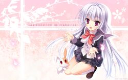  female hatsuyuki_sakura highres light_purple_hair long_hair moribe_(rabumanyo) official_art official_wallpaper photoshop_(medium) purple_eyes rabbit school_uniform solo squatting tamaki_sakura very_long_hair 