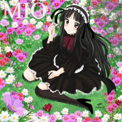  akiyama_mio black_eyes black_hair black_thighhighs blush commentary_request dress female flower fuwafuwa_time hairband hime_cut k-on! lolita_hairband long_hair nihility over-kneehighs solo thighhighs 