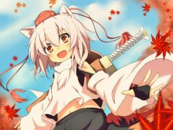  animal_ears commentary_request detached_sleeves female hat inubashiri_momiji leaf navel open_mouth red_eyes shiro9jira short_hair smile solo sword tokin_hat touhou weapon wolf_ears 