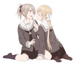  2girls bad_id bad_pixiv_id blonde_hair blush closed_eyes commentary_request grey_hair hair_ribbon highres holding_another&#039;s_wrist imminent_kiss kneeling md5_mismatch multiple_girls nnyu open_mouth original red_eyes ribbon school_uniform serafuku simple_background skirt sweatdrop twintails yuri 