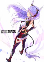  aqua_eyes boots cable cable_tail commentary_request female hand_on_own_hip highres kazeno long_hair looking_back mechanical_tail open_mouth original purple_hair robot_ears skirt solo standing tail thigh_boots thighhighs 