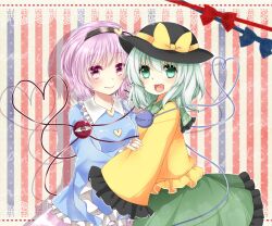  2girls aqua_hair black_hat blouse bow commentary_request eyeball frilled_shirt frilled_shirt_collar frilled_skirt frilled_sleeves frills green_eyes hairband hat hat_bow heart heart-shaped_pupils heart_of_string holding_another&#039;s_arm hug komeiji_koishi komeiji_satori long_sleeves looking_at_viewer multiple_girls open_mouth pink_eyes pink_hair ribbon shirt short_hair siblings sisters skirt sleeves_past_wrists smile striped striped_background symbol-shaped_pupils teeth third_eye touhou vertical_stripes wide_sleeves wing_collar yellow_bow yuria_(kittyluv) 