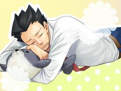  1boy bad_id bad_pixiv_id black_hair closed_eyes flower gyakuten_saiban head_rest long_sleeves lying male_focus naruhodou_ryuuichi necktie on_stomach open_mouth outline pants sabota seal_(animal) sleeping solo spiked_hair stuffed_animal stuffed_seal stuffed_toy whiskers 