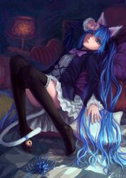  animal_ears blue_eyes blue_flower blue_hair blue_spider_lily cat_ears commentary female flower frilled_skirt frills gothic_lolita hand_on_own_head hatsune_miku kemonomimi_mode lolita_fashion long_hair photoshop_(medium) sitting skirt solo spider_lily thighhighs tuzki twintails very_long_hair vocaloid zettai_ryouiki 