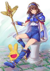  arle_nadja armor armored_dress blue_skirt blush carbuncle_(puyopuyo) commentary_request dress female gloves highres kaeru_(kaerism) photoshop_(medium) puyopuyo puyopuyo~n sitting skirt solo staff 