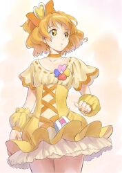  choker commentary_request cure_pine dress earrings female fresh_precure! hair_ornament heart heart_hair_ornament imaoka jewelry magical_girl orange_choker orange_hair precure short_hair solo wrist_cuffs yamabuki_inori 