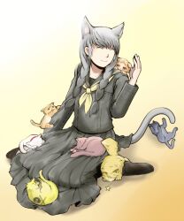  1boy ^_^ animal animal_ears animalization black_skirt braid cat_ears cat_tail closed_eyes closed_mouth commentary_request crossdressing extra_ears feline grey_hair kemonomimi_mode long_hair long_skirt long_sleeves male_focus md5_mismatch narukami_yuu neckerchief pantyhose persona persona_4 pleated_skirt revision school_uniform serafuku sitting skirt smile solo star_(symbol) tail tokiwa_(mukoku) too_many too_many_cats twin_braids wariza yasogami_school_uniform yellow_neckerchief 