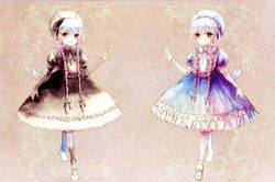  2girls alice_(fate) bad_id bad_pixiv_id braid dress fate/extra fate_(series) hat long_hair multiple_girls norino_moto nursery_rhyme_(fate) painting_(medium) photoshop_(medium) purple_eyes traditional_media twin_braids watercolor_(medium) white_hair 