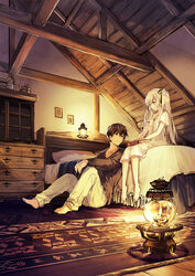  1boy barefoot bed black_ribbon black_shirt blonde_hair book book_on_lap brown_hair closed_mouth cover cover_image cover_page dale_lecky dress eye_contact female full_body green_eyes grey_pants hair_between_eyes hair_ribbon highres indoors kei_(k_tmr) lantern latina_(uchi_no_musume_no_tame_naraba) long_hair looking_at_another novel_cover novel_illustration official_art pants photoshop_(medium) ribbon second-party_source shirt short_sleeves sitting smile toes twintails uchi_no_musume_no_tame_naraba_ore_wa_moshikashitara_maou_mo_taoseru_kamo_shirenai. white_dress wooden_floor 