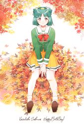  autumn_leaves brown_eyes brown_footwear character_name commentary_request female full_body green_hair happy_birthday hibikino_high_school_uniform motozaki_mio orange_skirt sakura_kaedeko school_uniform shoes short_hair sitting skirt smile solo tokimeki_memorial tokimeki_memorial_2 