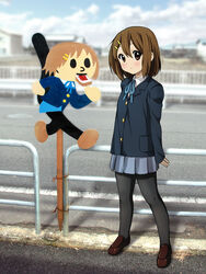  brown_eyes brown_hair commentary_request female hirasawa_yui k-on! pantyhose photoshop_(medium) ryunnu sakuragaoka_high_school_uniform school_uniform short_hair tobidashi-bouya 