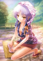  absurdres angel_beats! bandana blush breasts bridge center_opening expressionless female full_body geta goto_p grey_hair head_scarf highres japanese_clothes kimono kneeling light_purple_hair long_hair miniskirt no_bra outdoors rag red_skirt river rural sash short_kimono skirt small_breasts solo sunlight tachibana_kanade tasuki washboard water yellow_eyes 