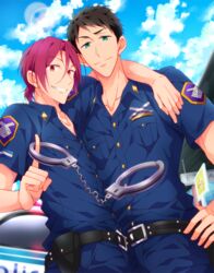  2boys arm_around_shoulder bad_id bad_pixiv_id black_hair cloud cuffs day free! future_fish green_eyes grin handcuffs iincho_(airi8751) male_focus matsuoka_rin multiple_boys police police_uniform red_eyes red_hair sky smile uniform yamazaki_sousuke 