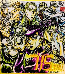  ashiya_kouhei beard binoculars black_eyes blonde_hair blue_hair brown_hair coat commentary_request dated diamond_wa_kudakenai dollar_sign earrings facial_hair glasses green_eyes hat hazekura_mikitaka headband higashikata_josuke highres hirose_koichi jewelry jojo_no_kimyou_na_bouken joseph_joestar joseph_joestar_(old) kawajiri_hayato kishibe_rohan kujo_jotaro long_hair multicolored_hair nijimura_okuyasu open_mouth pen pointy_ears pompadour purple_hair signature stud_earrings two-tone_hair white_hair yellow_eyes 