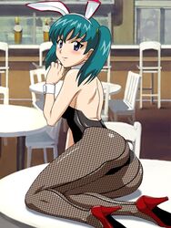  00s animal_ears aqua_hair arm_support ass back bar bare_back bare_shoulders blush bunny_ears bunny_girl bunny_tail bunnysuit chair detached_collar female female fishnet_pantyhose fishnets green_hair high_heels honjou_mikaze kneeling looking_at_viewer looking_back on_table pantyhose purple_eyes shoes short_hair sitting smile solo stratos_4 table tail twintails wrist_cuffs 