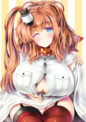  ;) bad_id bad_pixiv_id blue_eyes blush breast_pocket breasts brown_hair button_gap closed_mouth clothes_lift commentary_request dress dress_lift female garter_straps head_tilt high_side_ponytail huge_breasts kantai_collection leaning_forward long_hair looking_at_viewer mini_koala neckerchief one_eye_closed paizuri_invitation panties pantyshot partially_unbuttoned pocket red_neckerchief red_thighhighs saratoga_(kancolle) side_ponytail sitting smile solo striped striped_background thighhighs underwear vertical_stripes white_panties 