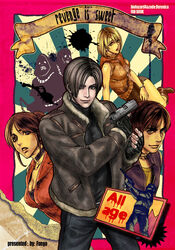  2girls 3boys ashley_graham bomber_jacket claire_redfield commentary_request curtained_hair dr._salvador gun highres jacket katou_teppei leon_s._kennedy multiple_boys multiple_girls resident_evil resident_evil_-_code:_veronica resident_evil_4 steve_burnside weapon 