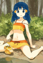  :o arm_support bare_arms bare_legs bare_shoulders barefoot bikini blue_eyes blue_hair bush commentary_request dawn_(pokemon) day emunise female forest hair_ornament hairclip half_updo long_hair looking_at_viewer nature navel objectification on_ground outdoors photoshop_(medium) pokemon pokemon_(anime) pokemon_dppt_(anime) psyduck sitting solo sprayduck swimsuit tree wariza watering_can wet 