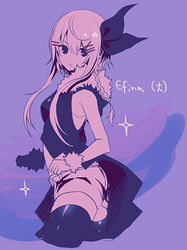  :t breasts character_name clenched_hand closed_mouth commentary_request cropped_legs efina female from_side fur_trim hair_between_eyes hair_ornament hair_ribbon hairclip head_tilt lieat looking_at_viewer lowres medium_breasts miwasiba monochrome official_art pointy_ears purple_background ribbon shorts simple_background solo sparkle star_(symbol) thighhighs wrist_cuffs x_hair_ornament 