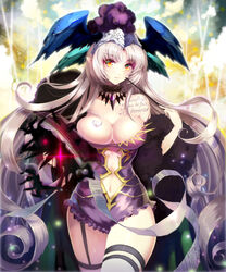  bad_id bad_pixiv_id bare_shoulders body_writing breasts choker female grey_hair hat highres holding large_breasts long_hair mole mole_under_eye navel original parted_lips pecorin photoshop_(medium) pointy_ears shingoku_no_valhalla_gate solo star_(symbol) thigh_strap very_long_hair wand yellow_eyes 