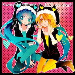  2girls blonde_hair boots commentary_request hatsune_miku kagamine_rin kunoichi_demo_koi_ga_shitai_(vocaloid) long_hair md5_mismatch multiple_girls pantyhose short_hair sitting twintails very_long_hair vocaloid yellow_eyes yuucho_(cololal) 