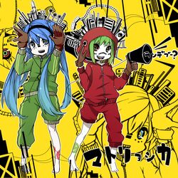  2girls asymmetrical_clothes bad_id bad_pixiv_id barefoot blue_hair facial_tattoo gloves green_hair gumi hatsune_miku headphones hood long_hair matryoshka_(vocaloid) megaphone multiple_girls naruto_maki short_hair tattoo twintails vocaloid 