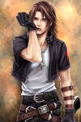  1boy belt blue_eyes brown_background brown_hair commentary_request final_fantasy final_fantasy_viii gloves guernica jewelry kingdom_hearts loose_belt male_focus md5_mismatch multiple_belts necklace scar solo squall_leonhart 