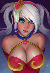  alternate_costume bare_shoulders blue_eyes breasts cleavage commentary_request elbow_gloves essentialsquid female gloves hair_ornament heart heart_hair_ornament large_breasts league_of_legends lipstick long_hair looking_at_viewer makeup photoshop_(medium) pink_lips solo sona_(league_of_legends) sweetheart_sona white_hair 