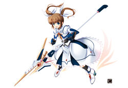  bad_id bad_pixiv_id brown_hair female fingerless_gloves full_body gloves green_eyes hair_ribbon lyrical_nanoha mahou_shoujo_lyrical_nanoha mahou_shoujo_lyrical_nanoha_the_movie_1st raising_heart raising_heart_(cannon_mode) ribbon solo takamachi_nanoha takamachi_nanoha_(movie_1st_mode) tebukuro twintails 