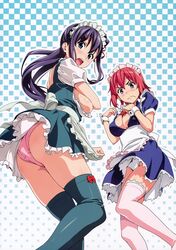  2girls absurdres amaya_haruko apron ass black_hair blue_eyes blush bow bow_panties breasts cleavage clothes_lift covering_breasts covering_privates embarrassed green_legwear highres large_breasts long_hair looking_at_viewer looking_back maid_headdress maken-ki! multiple_girls official_art open_mouth panties pink_legwear pink_panties purple_eyes red_hair scan shinatsu_azuki side_ponytail sideboob simple_background skirt skirt_lift sweat sweatdrop takeda_hiromitsu thighhighs top_pull underwear wavy_mouth white_panties wrist_cuffs 