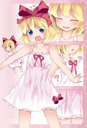  2girls :d ? alternate_costume bare_legs bare_shoulders blonde_hair blue_eyes blush bow chemise closed_eyes commentary hair_ribbon hammer_(sunset_beach) heart looking_at_viewer matching_su-san medicine_melancholy multiple_girls night_clothes open_mouth ribbon short_hair sleepwear smile su-san touhou 