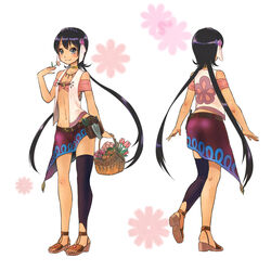  absurdres asymmetrical_legwear basket belt commentary_request female flower from_behind full_body gargantia_contest hair_flower hair_ornament hairband highres long_hair mismatched_legwear photoshop_(medium) purple_eyes purple_hair reference_sheet rkp sandals skirt smile standing suisei_no_gargantia very_long_hair vest 