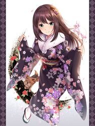  animal bad_id bad_twitter_id black_kimono blush branch breasts brown_hair canine closed_mouth crescent female floral_background flower fur_collar garana geta green_eyes hanako_(idolmaster) highres holding holding_branch idolmaster idolmaster_cinderella_girls japanese_clothes kimono leg_up long_hair looking_at_viewer medium_breasts obi petals pillarboxed pink_flower print_kimono red_ribbon ribbon sash shibuya_rin sleeves_past_wrists smile socks solo standing standing_on_one_leg straight_hair tabi tassel white_socks yorkshire_terrier 