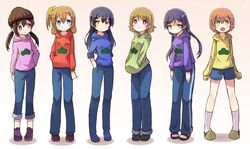  6+girls :&lt; :d aqua_eyes beanie blue_eyes commentary_request cosplay denim full_body hand_in_pocket hands_in_pocket hands_in_pockets hat hood hoodie hoshizora_rin jeans koizumi_hanayo kosaka_honoka long_hair love_live! love_live!_school_idol_project matsuno_choromatsu matsuno_choromatsu_(cosplay) matsuno_ichimatsu matsuno_ichimatsu_(cosplay) matsuno_jyushimatsu matsuno_jyushimatsu_(cosplay) matsuno_karamatsu matsuno_karamatsu_(cosplay) matsuno_osomatsu matsuno_osomatsu_(cosplay) matsuno_todomatsu matsuno_todomatsu_(cosplay) multiple_girls one_side_up open_mouth orange_eyes orange_hair osomatsu-kun osomatsu-san osomatsu_(series) pants parody pink_eyes red_eyes sandals shipii_(jigglypuff) short_hair short_twintails shorts sleeves_past_wrists smile sonoda_umi standing tojo_nozomi track_pants twintails yazawa_nico yellow_eyes 