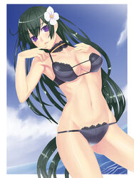  armpits atoko bikini black_bikini border_break collar colored_eyelashes commentary_request damegane female flower green_hair hair_flower hair_ornament highres howitzer long_hair personification photoshop_(medium) purple_eyes solo swimsuit weapon 