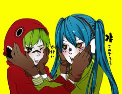  2girls bad_id bad_pixiv_id blue_hair blush facial_tattoo gloves green_hair gumi hatsune_miku headphones hood long_hair matryoshka_(vocaloid) multiple_girls naruto_maki short_hair simple_background tattoo tongue twintails vocaloid 