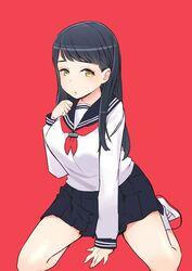  :o arm_support black_hair commentary_request female long_hair looking_at_viewer original pleated_skirt red_background school_uniform seiza serafuku sitting skirt solo susinoyama yellow_eyes 