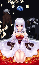  2boys cait_aron carpet chang&#039;e chinese_clothes chinese_commentary commentary_request dark_skin earth_(planet) female flower highres long_hair mallet moon moon_rabbit multiple_boys muscular original personification petals photoshop_(medium) planet red_eyes seiza silver_hair sitting space white_hair wu_gang 