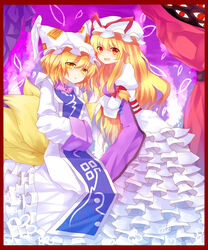  2girls bad_id bad_pixiv_id blonde_hair border bow curtains dress fox_tail frills gap_(touhou) gathers hairbow hands_in_opposite_sleeves hat hat_ribbon long_hair meronpanna_(mikoniito) multiple_girls multiple_tails orange_eyes red_border red_eyes ribbon short_hair tabard tail touhou very_long_hair yakumo_ran yakumo_yukari yellow_eyes 