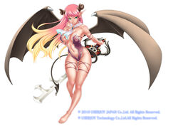  aqua_eyes bare_shoulders barefoot breasts cleavage commentary_request curvy demon_girl demon_wings female gochou_(kedama) gradient_hair hip_focus horns keyblade legs long_hair medium_breasts multicolored_hair navel pointy_ears sangoku_chaos simple_background solo sword tail weapon wings 