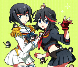  6+girls aosa_(michikusakan) black_hair blue_eyes chibi chibi_inset commentary_request cowboy_shot dress epaulettes gloves junketsu kill_la_kill kiryuuin_satsuki mankanshoku_mako matoi_ryuuko midriff mini_person minigirl multiple_girls school_uniform scissor_blade_(kill_la_kill) senketsu serafuku short_hair siblings single_glove sisters skirt suspenders sword weapon 