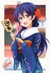  blue_hair ca_ba_ya_ki commentary_request female floral_print flower hair_between_eyes hair_flower hair_ornament holding japanese_clothes kimono long_hair looking_at_viewer love_live! love_live!_school_idol_project new_year open_mouth smile solo sonoda_umi wide_sleeves yellow_eyes 