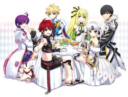  aisha_landar black_hair blade_master_(elsword) blonde_hair chair chung_seiker code:_empress_(elsword) commentary_request deadly_chaser_(elsword) eating elemental_master_(elsword) elsword elsword_(character) eve_(elsword) food korean_commentary looking_at_viewer purple_hair raven_cronwell red_hair rena_erindel rune_slayer_(elsword) sitting smile sylpi table white_hair white_sleeves wind_sneaker_(elsword) 