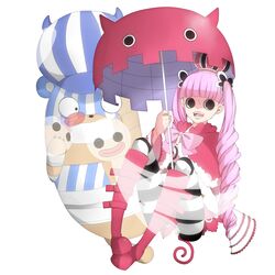  absurdres black_eyes boots commentary_request drill_hair female ghost highres kumacy long_hair naruto_maki one_piece pantyhose perona pink_hair simple_background striped_clothes striped_pantyhose umbrella 