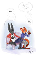  2017 absurd_res anthro bench beverage canid canine clothed clothing coffee container crossed_legs cup dialogue disney disposable_cup duo english_text fox hi_res holding_container holding_cup holding_object humor lagomorph leporid male mammal max_midnight nick_wilde on_bench rabbit red_fox simple_background sitting snow speech_bubble spintherella text true_fox white_background zootopia 