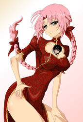  between_breasts black_hair blush braid breasts brown_eyes china_dress chinadress chinese_clothes cleavage_cutout dress female female genkai gradient gradient_background large_breasts leaning_forward long_hair male miniboy mm_(amedama15) pink_hair red_ribbon ribbon short_hair simple_background single_braid toguro_otouto yu_yu_hakusho yuu_yuu_hakusho 