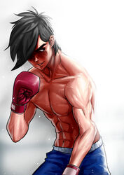  1boy abs ashita_no_joe black_hair blue_shorts boxing boxing_gloves collarbone commentary_request delta_zone male_focus muscular shorts solo sweat yabuki_jou 