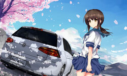  absurdres brown_eyes brown_hair car cherry_blossoms chinese_commentary commentary_request dutch_angle female fubuki_(kancolle) highres kantai_collection long_hair low_ponytail motor_vehicle petals photoshop_(medium) ponytail school_uniform serafuku short_ponytail skirt solo tianyu_jifeng tree vehicle_focus volkswagen volkswagen_golf 