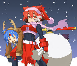  1boy abs aeolus_(mega_man) antlers atlas_(mega_man) bag blue_hair bodysuit breasts breath carrying carrying_under_arm christmas commentary_request crop_top dyed_bangs female gloves hat horns medium_breasts mega_man_(series) mega_man_zx mega_man_zx_advent multicolored_hair muscular red_eyes red_hair robot_girl santa_costume santa_hat shigehiro_(hiroi_heya) siarnaq_(mega_man) snow sword thetis_(mega_man) weapon 